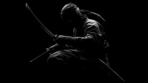 Shadow-wreathed ninja poised in steel-edged, silent tension.