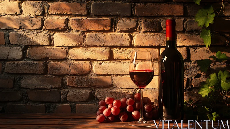 Sunlit brick cellar with ruby wine, glass, and grapes poised.