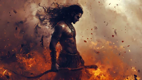 Mythic warrior in pyroclastic storm with dynamic motion vectors.