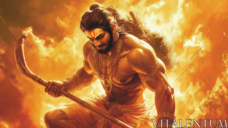 Warrior archer grips bow amid intense orange firestorm