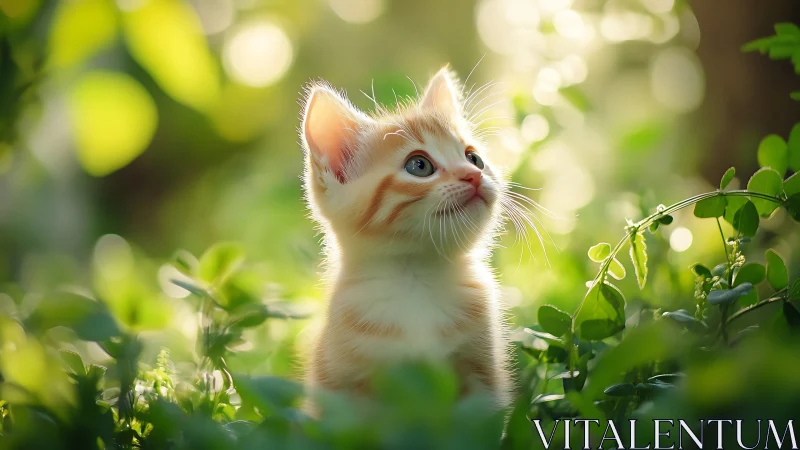 Young Ginger Kitten Exploring Sunlit Garden.