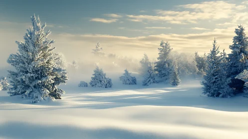 Sunlit winter forest drifts soften frosted evergreen silhouettes