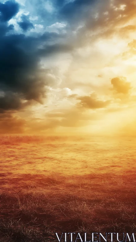 Desert field under dramatic blue and golden sky contrast