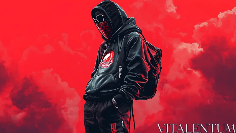 Hooded streetwear figure rendered in high-contrast red digital art