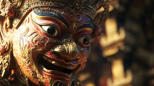 Gilded ornate mask with carved facial details in closeup view.