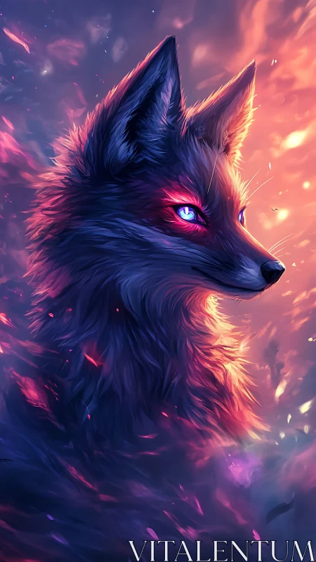 Luminous spirit fox under cosmic twilight firestorm glow.