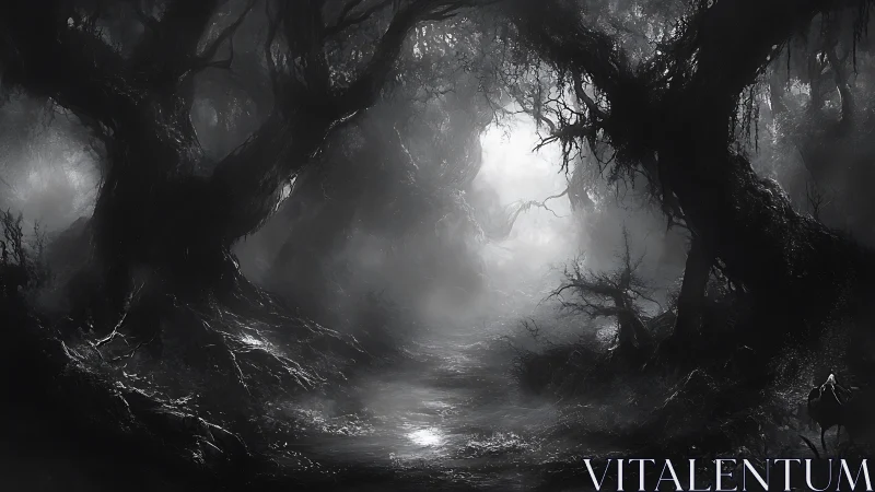 Fog-choked haunted forest corridor reveals distant glow