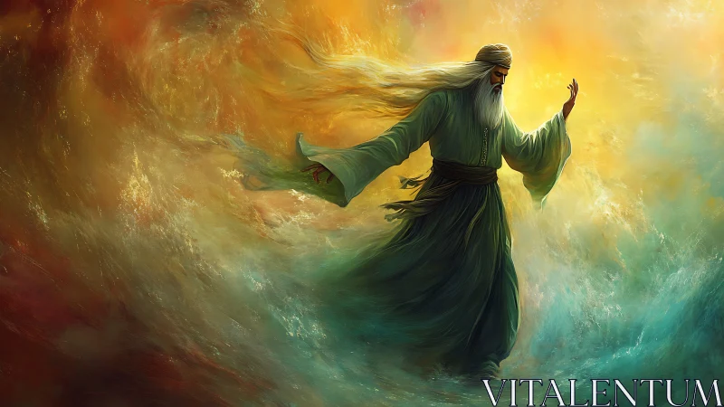 Mystic sage strides through swirling celestial stormlight.