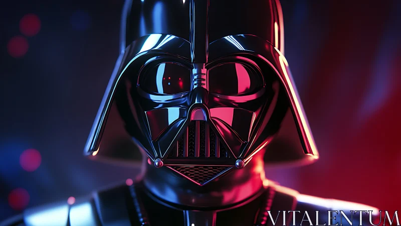 Chromed black sci‑fi helmet portrait under neon rim lighting