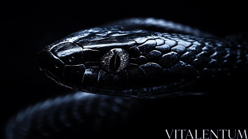 Close-up profile of dark snake head in low key lighting.