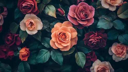 Garden of Layered Roses in Warm and Deep Tones.