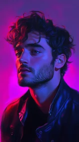 Neon-lit male portrait in cinematic digital painting style.