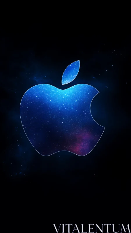 Blue galaxy-filled apple silhouette on dark space background.