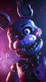 Deteriorated animatronic rabbit in dramatic 3D neon lighting.