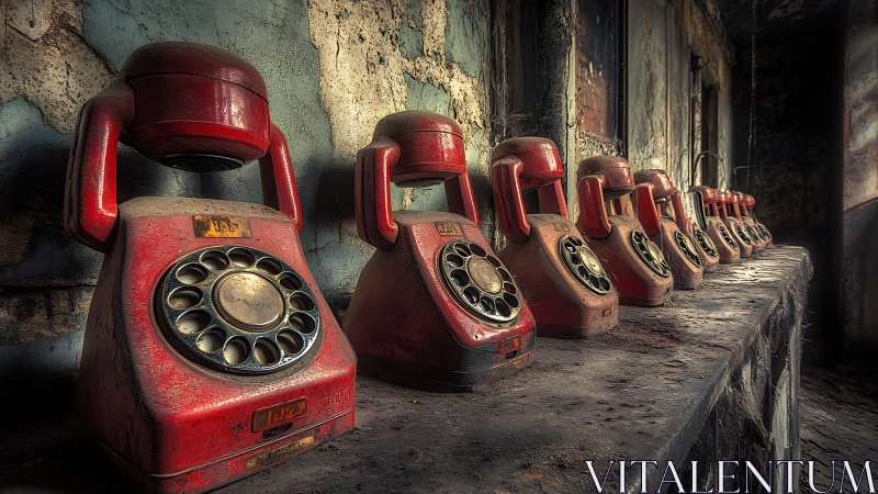 Row of red rotary phones decays in a moody abandoned corridor