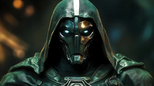 Hooded cybernetic warlord stares forward with glowing eyes