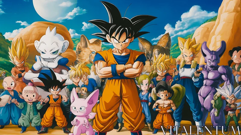 Saiyan squad stands tall under twin suns of battle calm.