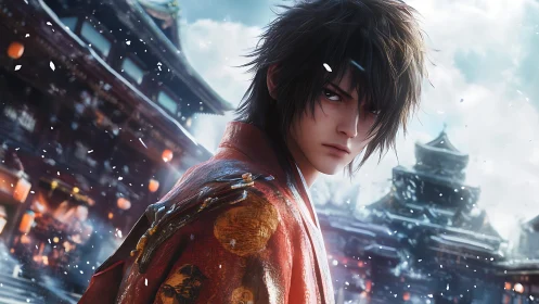 Brooding anime samurai in snowy temple courtyard scene.