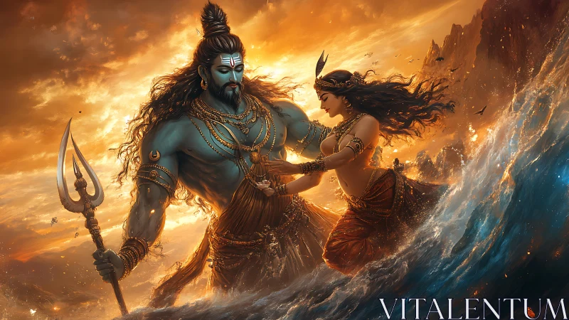 Glowing seascape shows divine couple rising through waves