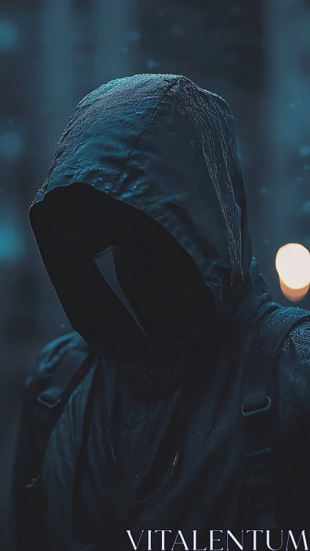 Rain-soaked hooded phantom in neon-dimmed midnight streets.