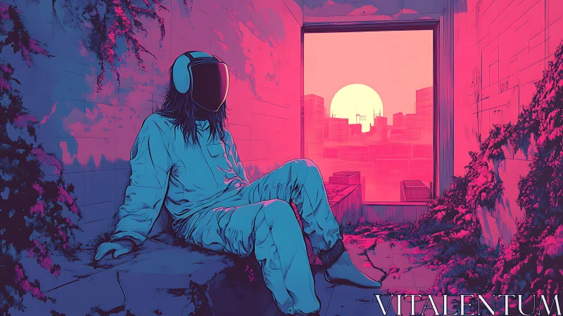 Headphoned drifter lounges in neon ruins at synthetic sunset