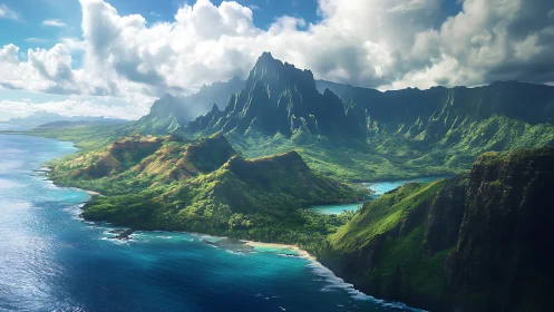 Majestic Island Mountain Range With Lush Valleys and Coastal Waters.