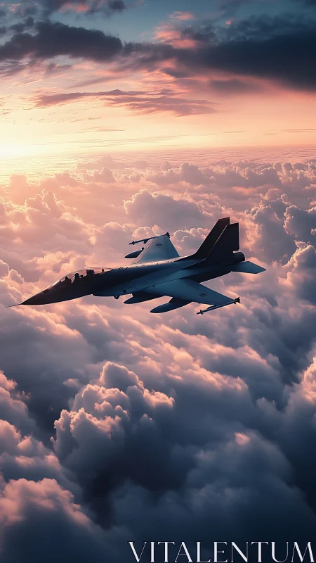 Fighter jet cuts through glowing sunset clouds above horizon.