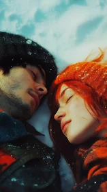 Two figures with contrasting colored knits in snowy landscape.