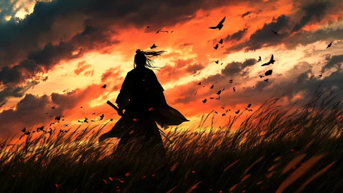 Lone dusk samurai stirring wild grass beneath burning skies.