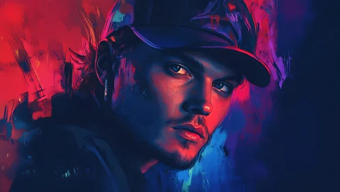 Neon-lit male portrait in cinematic dual-tone color grading.