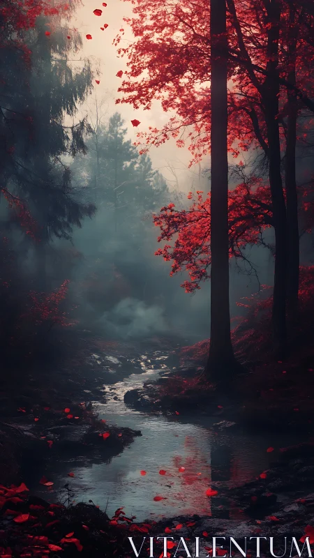 Crimson Forest Dream by a Misty Stream.
