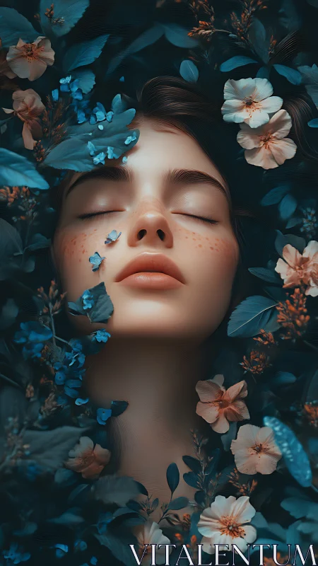Serene female face framed by blue and peach garden flowers.