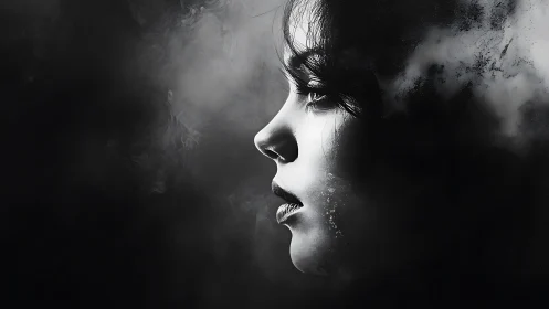 Softly lit profile emerging from dreamy swirling shadows.