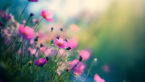Shallow depth-of-field cosmea wildflower field with selective focus and bokeh.
