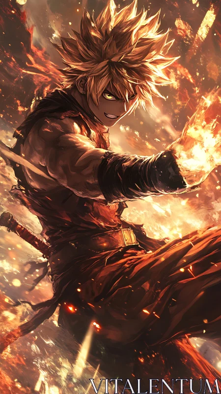 Fiery anime warrior unleashes explosive kinetic power.