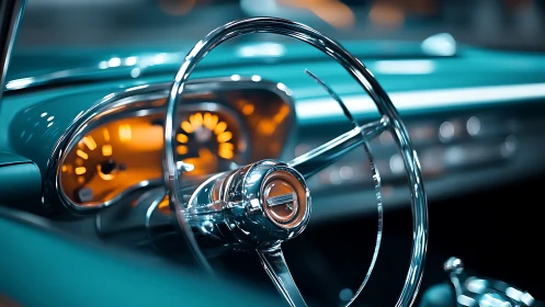 Midcentury teal classic car cockpit with chrome steering wheel