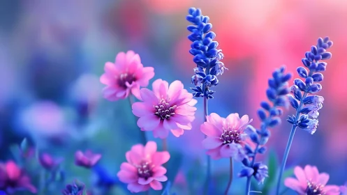 Soft Focus Floral Garden: Pink Dahlias and Blue Lavender Spikes.