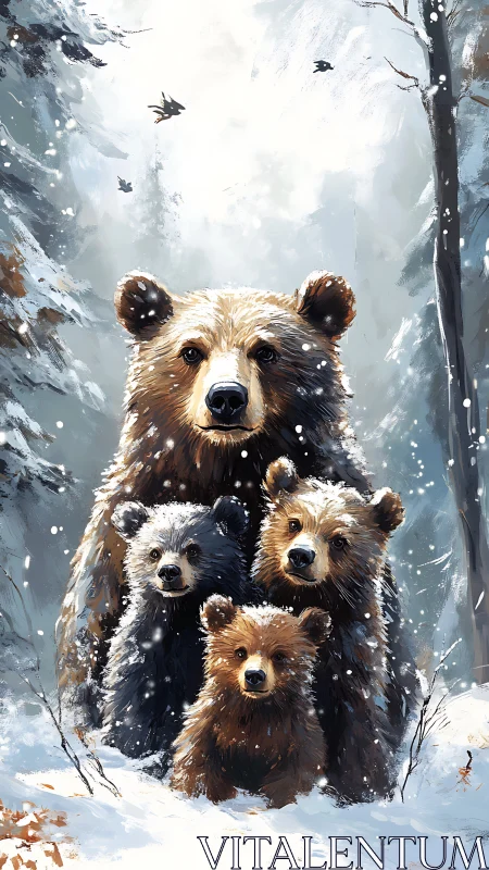 Winter bear family gathered in softly painted snowfall scene.