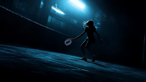 Silhouetted badminton player lunges under harsh blue light