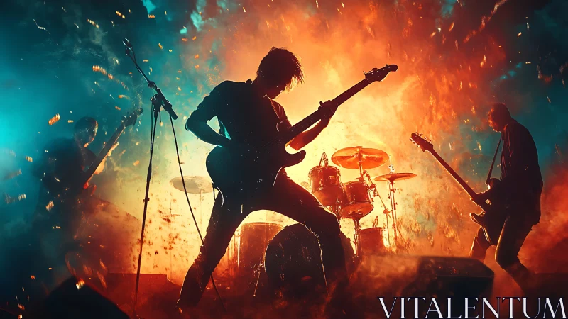 Backlit rock band silhouettes in dual-color pyro haze stage.