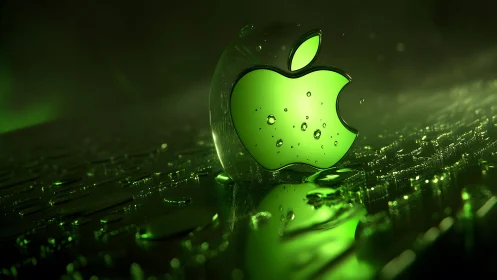 Green Apple Logo in Futuristic 3D Digital Art with Water Droplets.