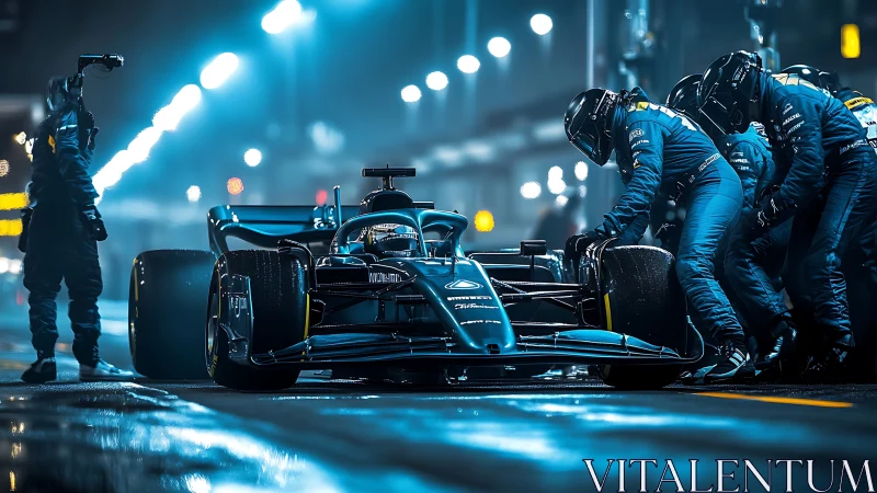 Nighttime Formula race car pit stop with focused crew.