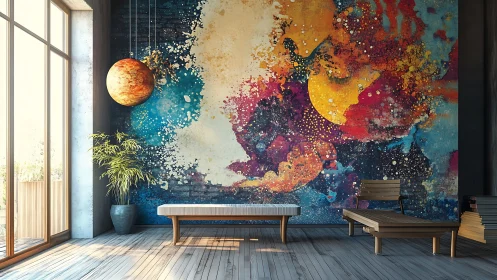 Color-rich cosmic mural transforms modern sunlit lounge wall