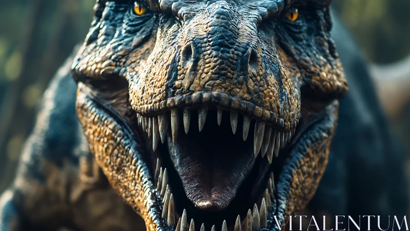 Roaring tyrannosaurus close-up with detailed jagged teeth.
