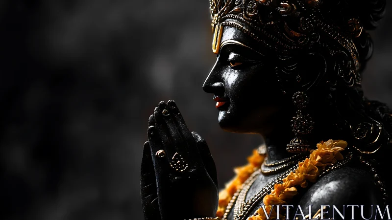 Polished black devotional statue in side profile with garlands