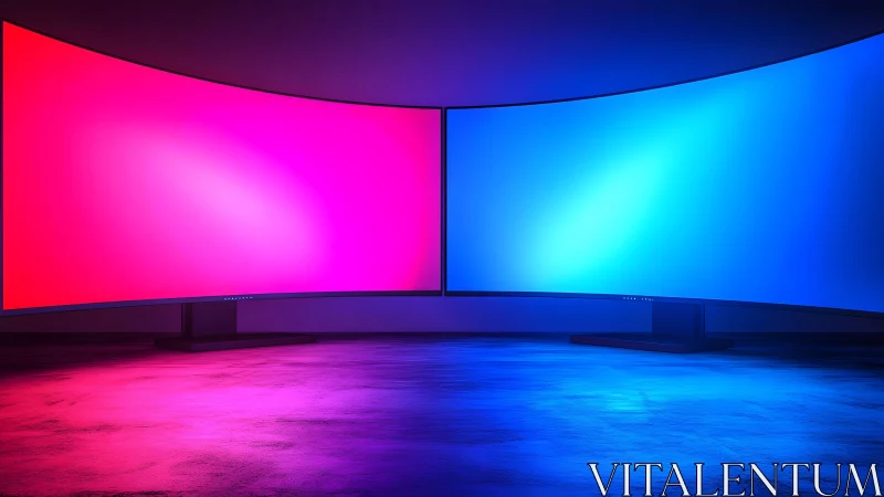 Dual Curved Monitors With Vibrant Red and Blue Lighting Display.