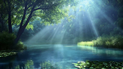 Serene forest pond with sunbeams, photorealistic nature scene.