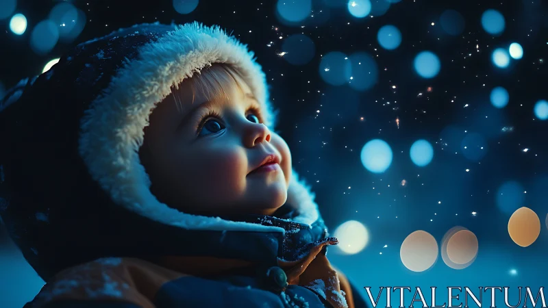 Child gazes upward at winter's glowing light.
