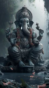 Gentle Ganesha statue rests calmly beside a misty forest pool
