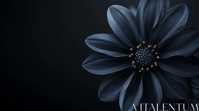 Dark Blue Flower with Golden Center Against Black Background.